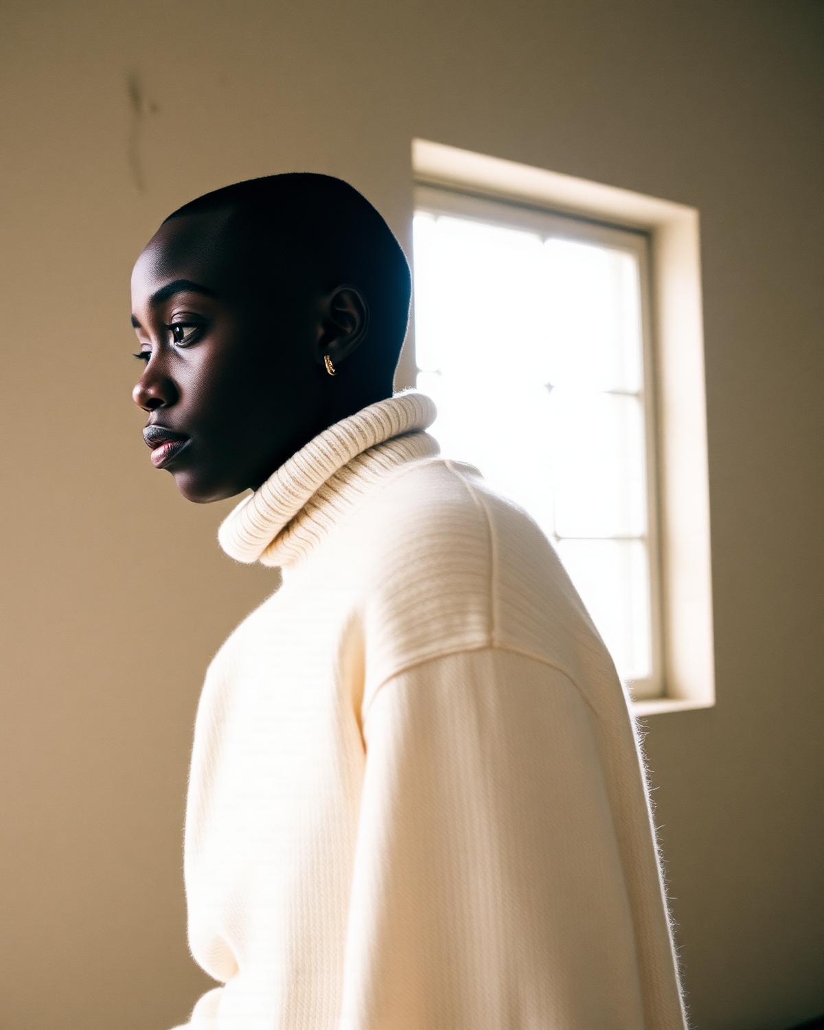 Wool turtleneck, soft window light